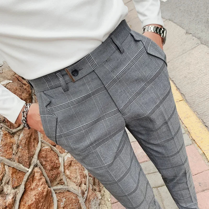 Bonsir Fashion Plaid Print Mens Slim Pants Casual Spring Summer Skinny Pencil Pants Mid Waist Trousers for Men Clothes Streetwear