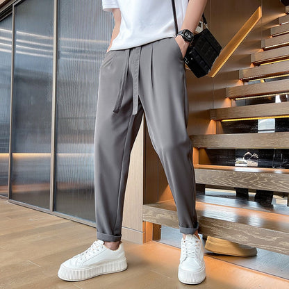 sanyamk New Slim Fitting Thin Casual Suit Pants Men Loose Korean Fashion Large Drawstring Western Pants Summer Solid Color Trousers