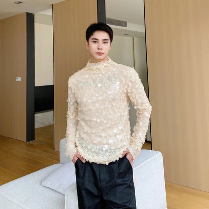 sanyamk  -  New Men's Spangly T-shirts Sequins Glitter Stand Collar Long Sleeve Skinny Tops Tees Stylish Party Clothing