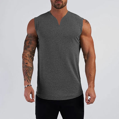 sanyamk Plain Cotton V-neck Fitness Tank Top Men Summer Muscle Vest Gym Clothing Bodybuilding Sleeveless Shirt Workout Sports Singlets