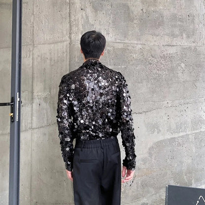 sanyamk  -  New Men's Spangly T-shirts Sequins Glitter Stand Collar Long Sleeve Skinny Tops Tees Stylish Party Clothing