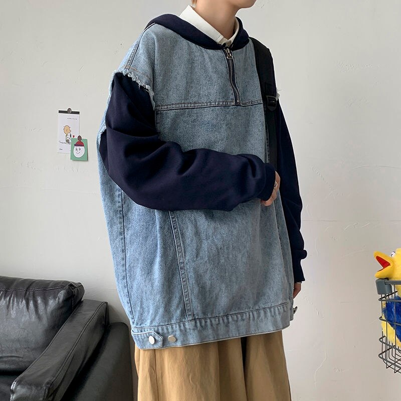 sanyamk Autumn Pullover Denim Jacket Men Fashion Casual Hooded Jacket Men Streetwear Hip Hop Loose Bomber Jacket Mens Hoodies M-3XL