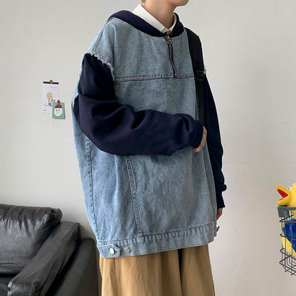 sanyamk Autumn Pullover Denim Jacket Men Fashion Casual Hooded Jacket Men Streetwear Hip Hop Loose Bomber Jacket Mens Hoodies M-3XL