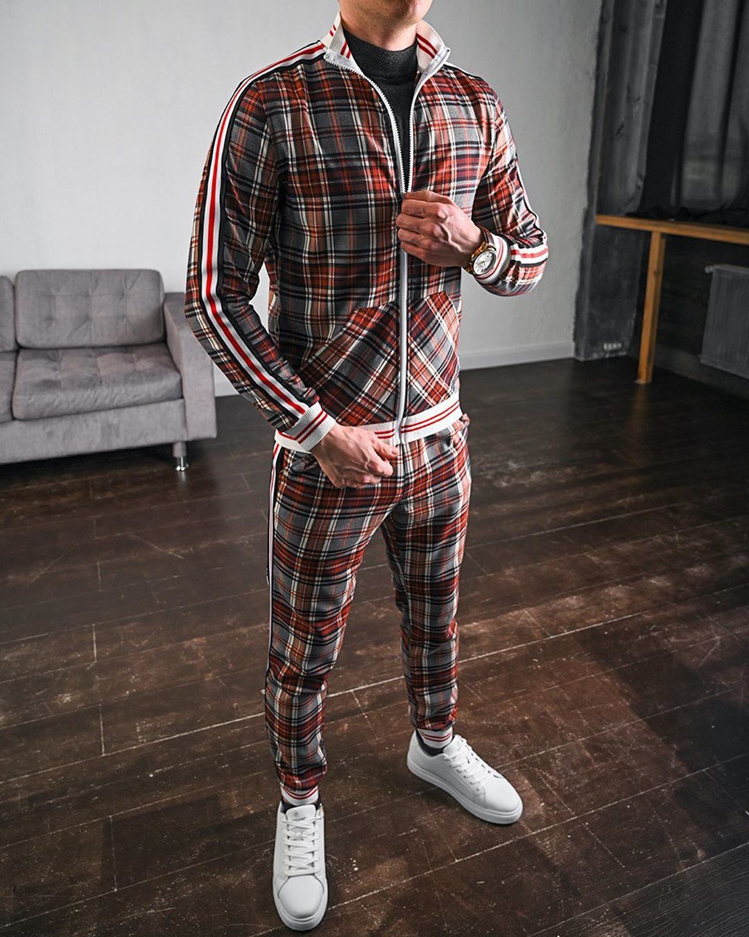 sanyamk New men's tracksuit Fashion Plaid Man Sets Trendy Brand Casual Sportswear Spring Autumn Jacket + Pants 2 Piece Set 3D Print