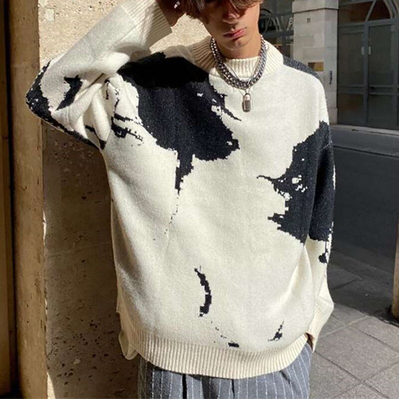 Bonsir Streetwear Men Sweater Fashion Jacquard Loose Knit Pullovers Autumn Winter Mens Casual Long Sleeve O Neck Sweaters Knitting Tops