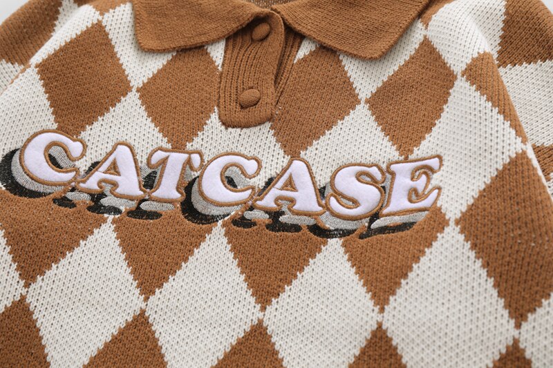 Bonsir Color Match Plaid Lapel Letter Embroidery Autumn Sweater for Male and Female High Street Patchwork Pullover Loose Clothes