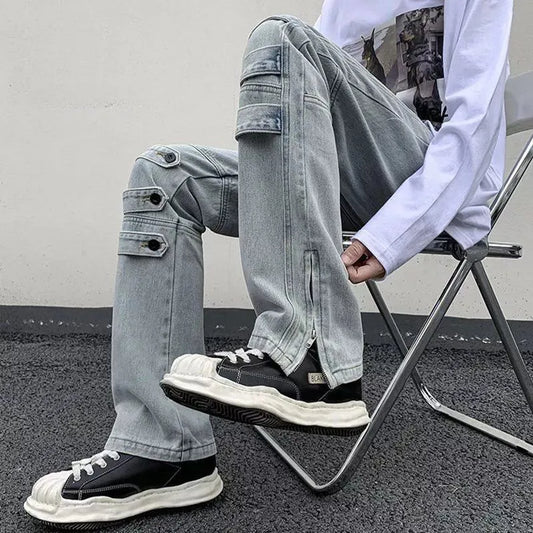 Bonsir American Style High Street Niche Style Zipper Jeans Men Trendy Brand Fried Street Loose Straight Tube Work Pants Design Sense