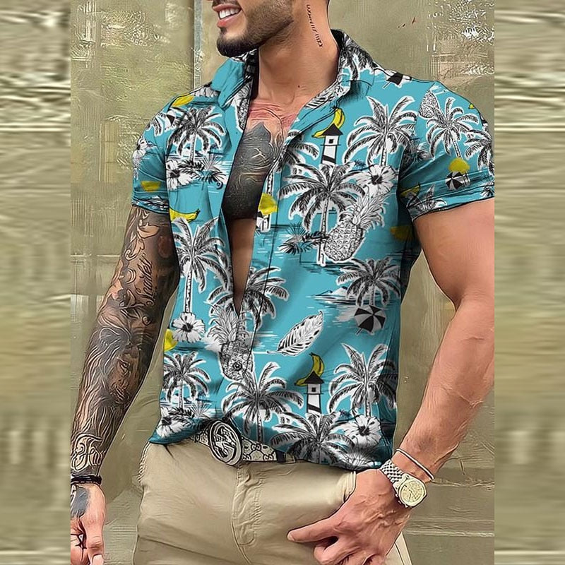 Bonsir Fashion Skull Printed Short Sleeve Shirts Men's Beach Clothes Summer Casual Button-up Lapel Shirt Tops Men Streetwear Shirt