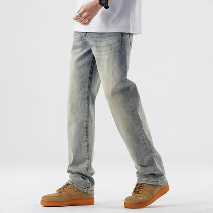 sanyamk New Vintage Aged Wash Loose Jeans Men's Straight Nostalgic Blue Pants Trend for Spring and Summer