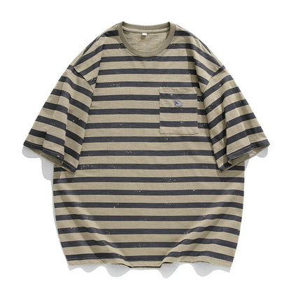 sanyamk Korean Style Men's Suit Retro Striped Pocket T-shirt Harajuku Street Straight Pants Japanese Double Pleated Jeans