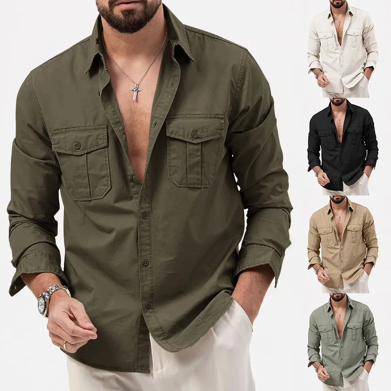 sanyamk 2024 Spring Summer New Casual Loose Cotton Men Top Fashion Double Pocket Male Long Sleeved Shirt