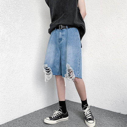 Bonsir Summer Blue/Black Denim Shorts Men Fashion Casual Ripped Denim Shorts Mens Streetwear Loose Hip Hop Straight Jeans Shorts Men