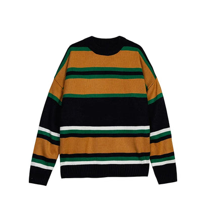 sanyamk Japan Style Vintage Sweater Men Contrast Color Striped Loose Knitted Pullover Casual pull homme Young Man Streetwear Clothing