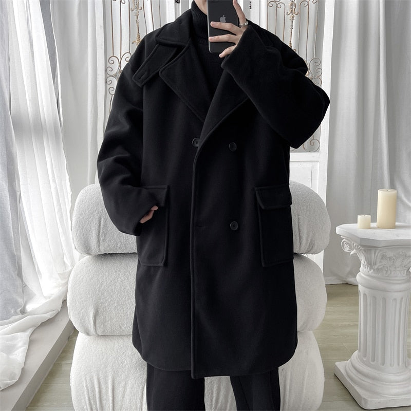 sanyamk New suit collar double-breasted men's double-sided cashmere coat long over-the-knee woolen coat men's loose windbreaker 4XL 5XL