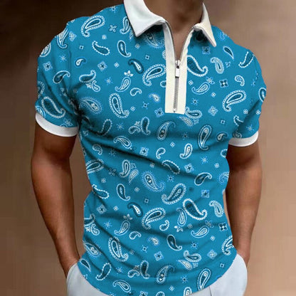 sanyamk Summer New Short Sleeve Printed Slim Fit Zip Lapel Men's Polo Shirt