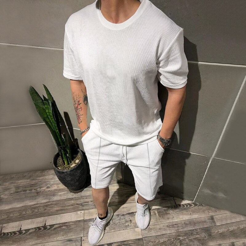 sanyamk Summer Mens Shirt Sets Thin Solid Breathable Short Sleeve Waffle Shirts & Shorts Men Set With Pocket