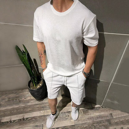 sanyamk Summer Mens Shirt Sets Thin Solid Breathable Short Sleeve Waffle Shirts & Shorts Men Set With Pocket