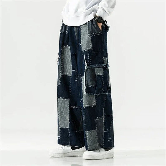 Bonsir Loose Straight Jeans Patchwork Cargo Big Pocket Pants Japanese Harajuku Streetwear