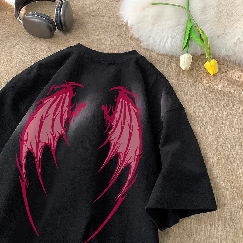 sanyamk Angel Wings Printed T-shirt y2k Short Sleeve Letter Printing Tee 2024 Summer New Street Style T Shirts Large Size Unisex Tshirt