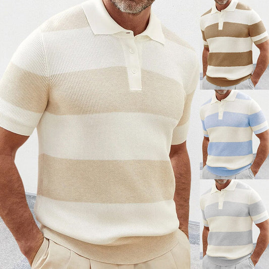 sanyamk Striped Contrast Color Knitted Polo Shirt Summer New Business Fashion Elegant Slim Lapel Casual Short-sleeved Top Men's Wear