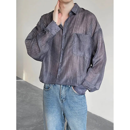 sanyamk Spring Summer Ice Silk Striped Shirts Men Korean Fashion Simple Long Sleeve Turn Down Collar Blouse Casual Loose Thin Tops