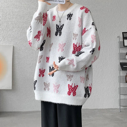 Bonsir Autumn Winter Butterfly Jacquard Pattern Sweater New Popular Casual Round Neck Contrast Color Knitted Men's Knitwear Pullover