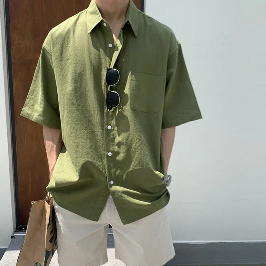 Bonsir Summer Thin Shirts Mens Solid Color Short Sleeve Loose Handsome Fashion Casual Streetwear All-match Men's Clothing Green/White