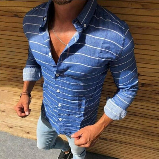 Bonsir Vintage Striped Printing Long Sleeve Shirts For Men Spring Autumn Casual Button-up Turn-down Collar Shirt Mens Fashion Tops