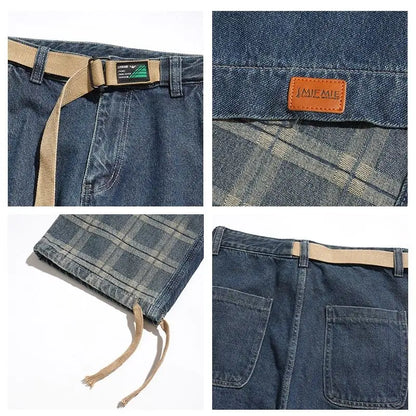 sanyamk Japanese Retro Splicing Jeans Autumn Niche High Street Causal Loose Drawstring Wide-leg Overalls Men Trousers Male Clothes