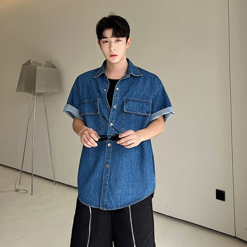 sanyamk Vintage Men's Denim Shirts Summer Korean Style Washed Short Sleeve Jacket Coat Fasion Male Casual Streetwear 2023 New