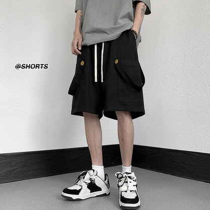 sanyamk Summer Cotton Shorts Men Fashion Retro Pocket Shorts Men Japanese Streetwear Hip Hop Loose Straight Shorts Mens Cargo Pants