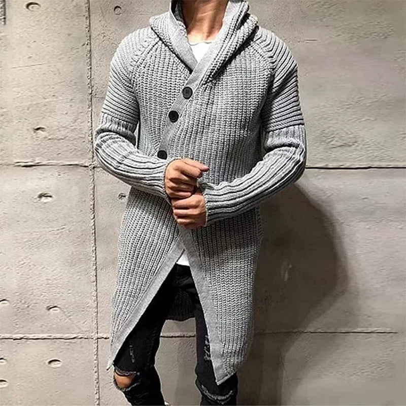 Bonsir Men Button-up Long Sweater Overcoat Mens Winter Fall Long Sleeve Knit Hooded Cardigans Coat Fashion Solid Long Knitted Jackets