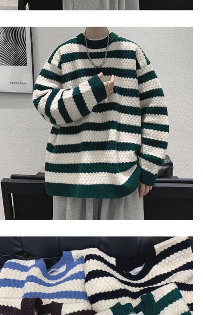 sanyamk Winter Men's Stripe Printing Coats Round Neck Wool Sweater Retro Loose Pullover Fashion Trend Thickened Knitting M-2XL