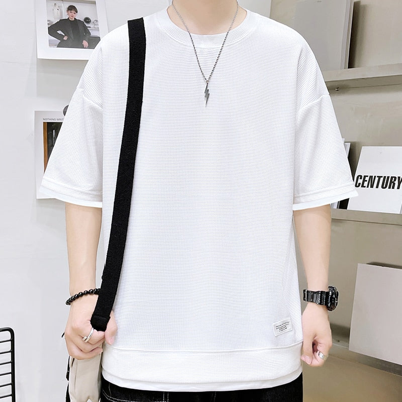 sanyamk Casual Men's Waffle Short-Sleeved T-Shirt Men's 2022 Summer New Simple Loose T-Shirt Fashion Round Neck Quick-Drying Men's Top