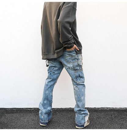 Bonsir High Street Splash Ink Patchwork Stitching Jeans Men Fashion Multiple Pockets Econstructed Flared Denim Pants Male