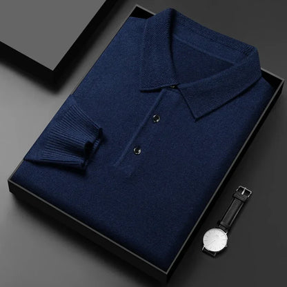 sanyamk Autumn and Winter New Warm Soft Pullover Men's Business Lapel Knitwear Casual Solid Color Long Sleeve Polo Shirt Office