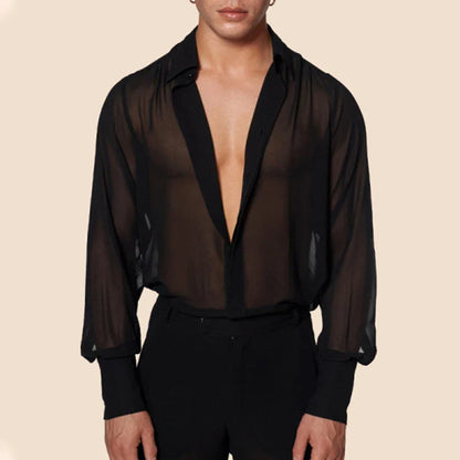 sanyamk Fashion Men's Streetwear Shirts Sexy Deep V Neck See Through Mesh Shirt For Men Summer Casual Lantern Sleeve Tops 2023 Clothing