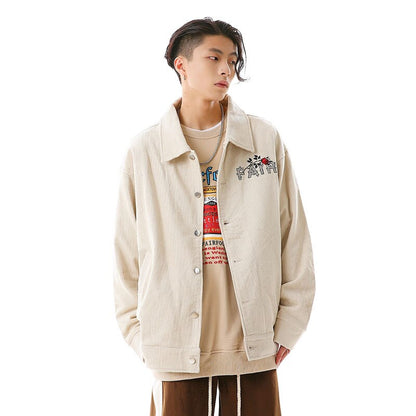 Bonsir Retro Harajuku Letter Floral Embroidery Thick Winter Clothes Men's High Street Solid Color Lapel Oversized Windbreaker Jackets