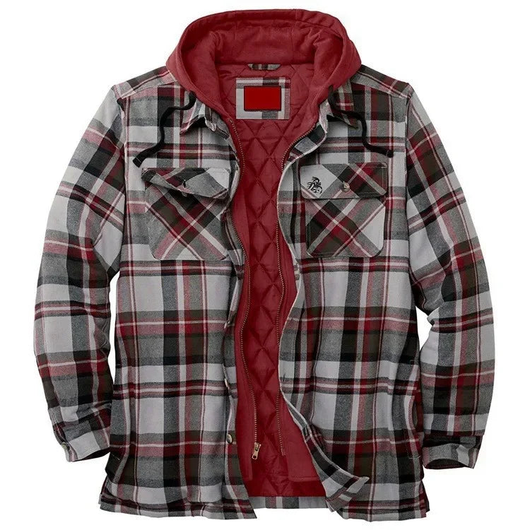 sanyamk Men Winter Jackets Harajuku Plaid Shirts Coats Hooded Zipper Long Sleeve Basic Casual Shirts Jackets European Style Size S-5XL