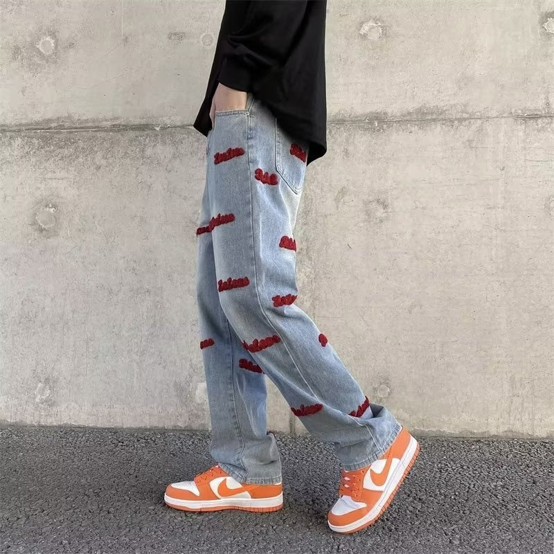 sanyamk Fashion Letter Embroidery Men's Denim Pant Spring Summer Y2K Clothing Men Stitching Loose Straight Jeans Vintage Streetwear