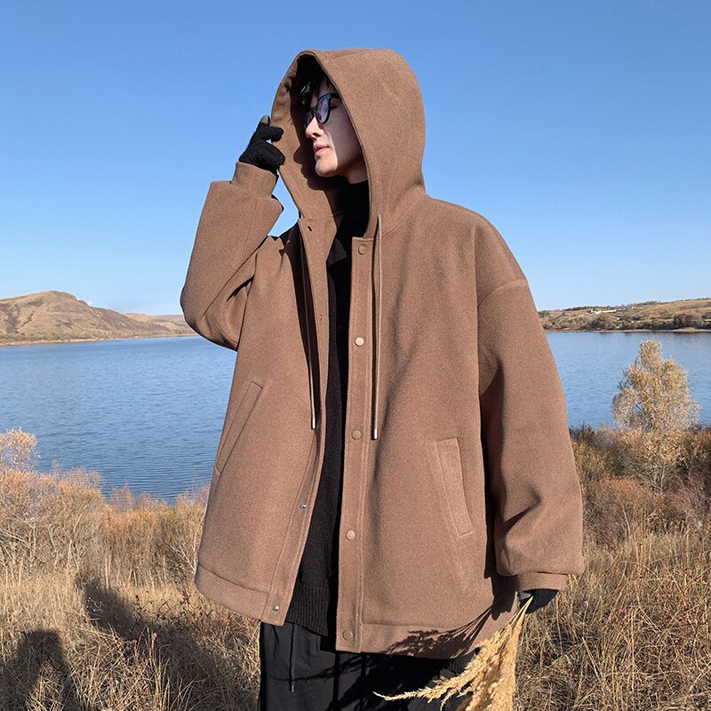 Bonsir Winter Thick Woolen Coat Men Warm Fashion Thicken Hooded Woolen Jacket Mens Streetwear Korean Loose Short Woolen Coat Men M-2XL