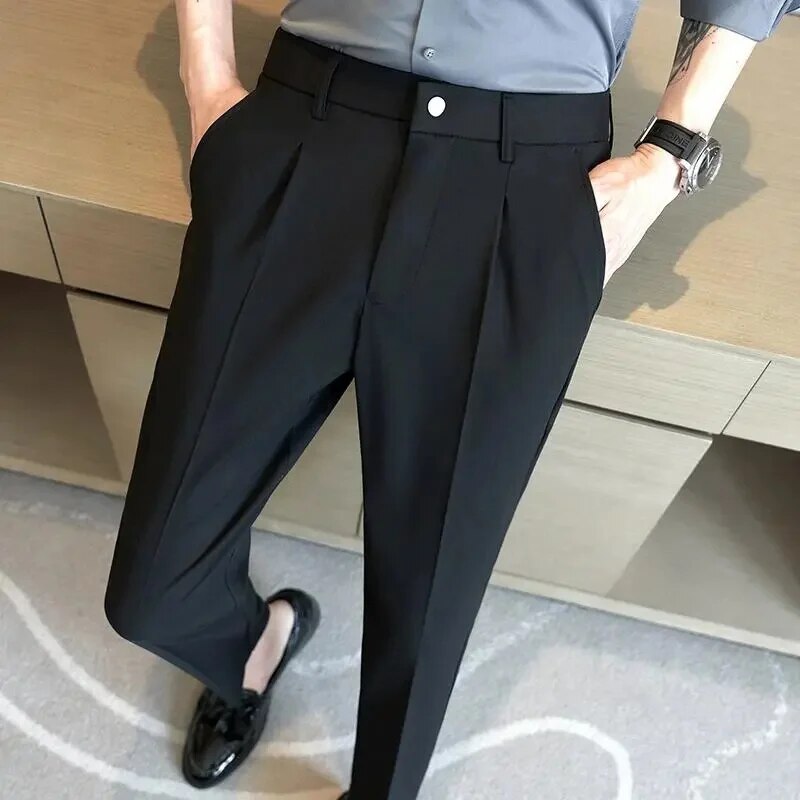 sanyamk British Style Summer New Solid Suit Pants Men Formal Slim Fit Business Elastic Casual High Quality Social Dress