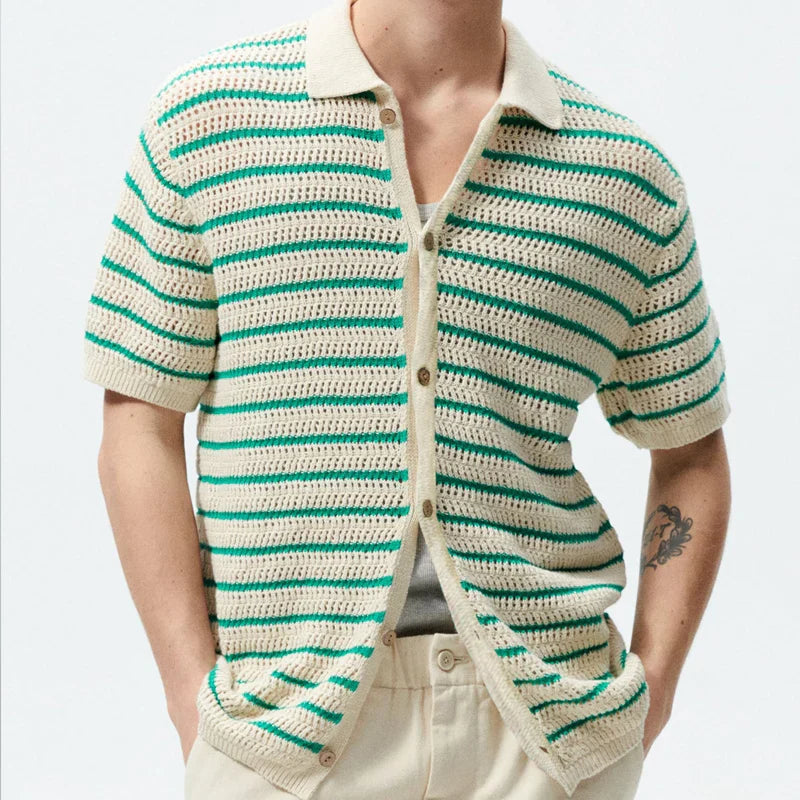 sanyamk Sweater Shirts Men Knitted Short Sleeve Turn-down Collar Button Knit Shirt Mens Summer Vintage Striped Knitting Cardigan Shirts