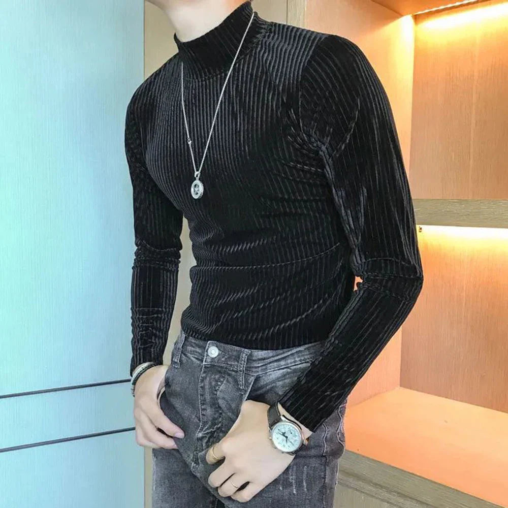 sanyamk Velvet Turtleneck T-Shirt 2023 Spring Fall Slim Striped Casual Tops Men Long Sleeve Tight Tee Shirts Club Costume Camiseta Homme