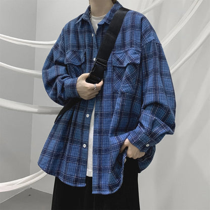 sanyamk Mens Shirt Fashion Harajuku Plaid Long Sleeve Tops Spring Autumn Vintage Jacket Trend Streetwear Oversized Male Clothing B75