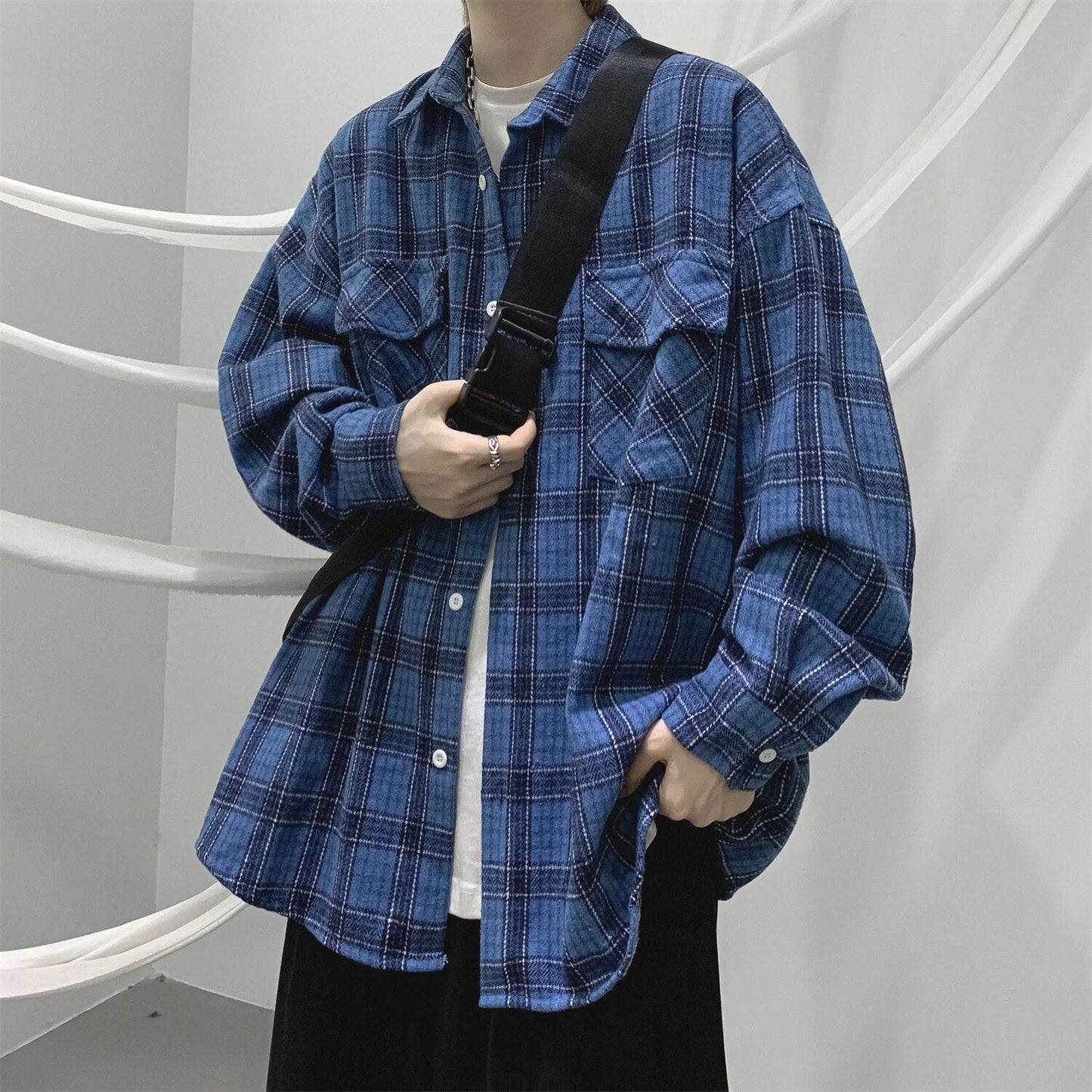 Bonsir Mens Shirt Fashion Harajuku Plaid Long Sleeve Tops Spring Autumn Vintage Jacket Trend Streetwear Oversized Male Clothing B75