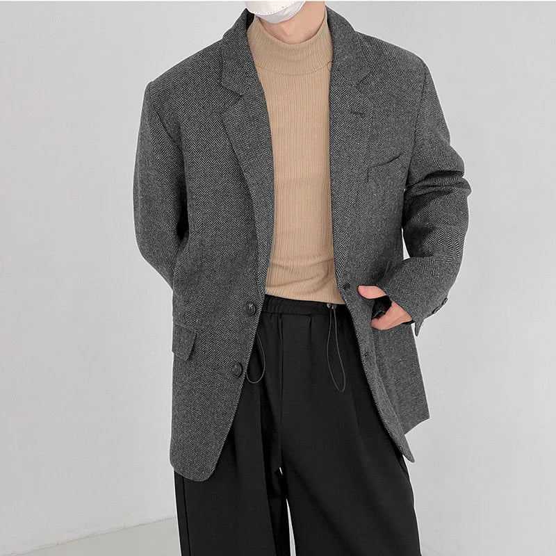 sanyamk -  Fashion Casual Men's Long Sleeve Single-breasted Thickned Autumn Winter Tweed Blazer New Korean Chic Suit Coat 2D1352