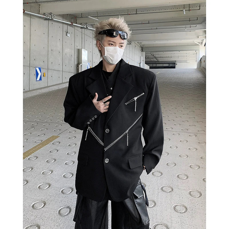 sanyamk Oversized Black Blazer Men High-end Fashion Leisure Suit Jackets Multi-zippers Male Streetwear Casual Korean All-match Suit