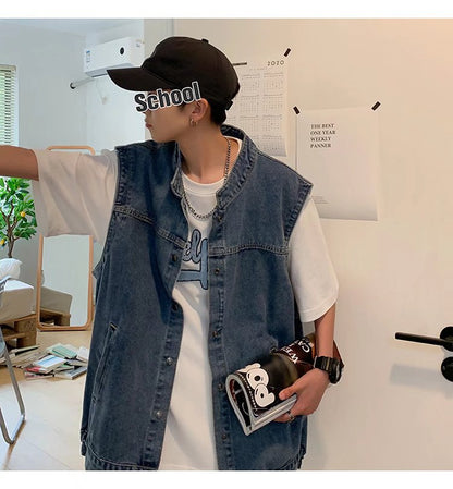 Bonsir Denim Sleeveless Jacket Men Fashion Oversized Harajuku Denim Jeans Casual Jeans Waistcoat Cowboy Hip Hop Streetwear Clothing