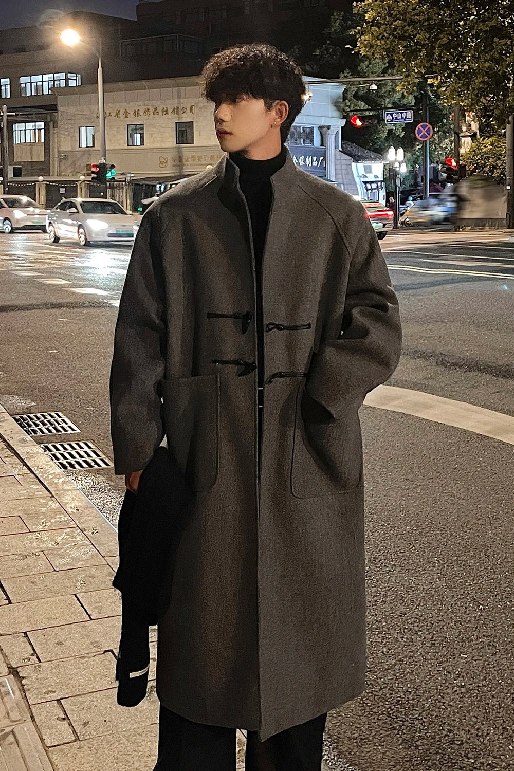 sanyamk Autumn Winter Men Horn Button Woolen Coat Mid Length Stand Collar Trench Coat Solid Color Big Pocket Overcoat Streetwear